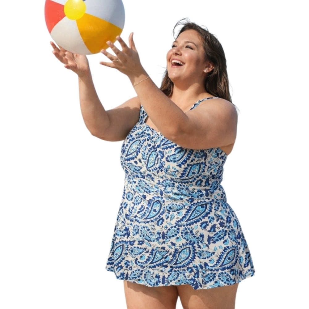 Alisha Levine Blue white paisley plus size slimming swimsuit swimdress nwt 18